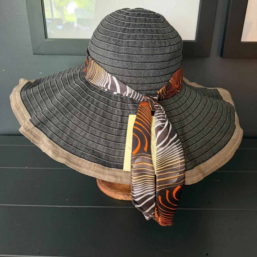 Kallina Wide Brim Sun Hat Grey Tan Scarf Tie Packable Crushable Beachwear Resort